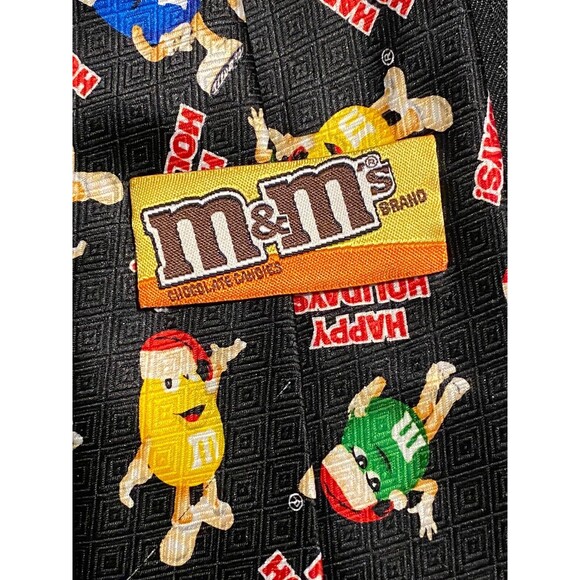 M&M Happy Holiday Christmas Tie Black with M&M's wearing santa hats - Picture 3 of 5